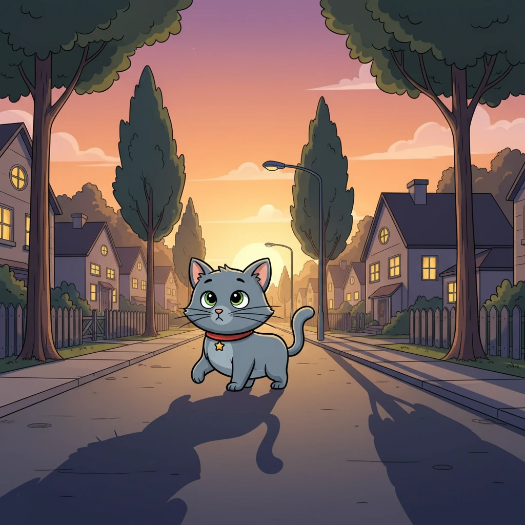 The sun began to set, casting long shadows. Whiskers decided he'd had enough of boredom. He padded out into the evening, hoping to find something fun. He saw no one was around.