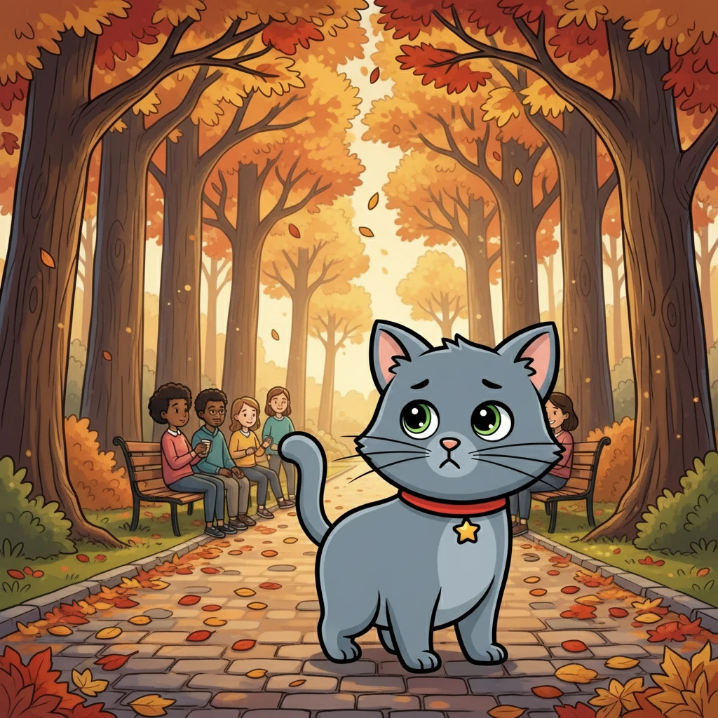 He strolled through the park, watching the leaves. The park was filled with tall trees. Sadly, nobody wanted to give him any food, so he continued his journey.