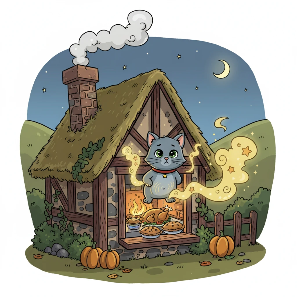 Suddenly, Whiskers stumbled upon a cozy cottage. Smoke curled from the chimney, and the smell of delicious food wafted through the air. He peeked through the window, his tummy rumbling.