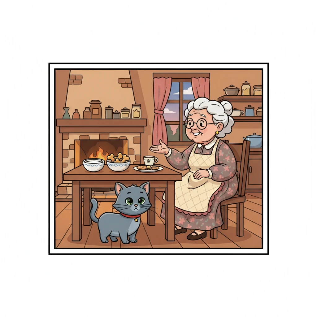 Inside, a kind old woman sat at a table, eating. She looked up and smiled when she saw Whiskers. She beckoned him inside and offered him a bowl of creamy milk and a tasty treat.