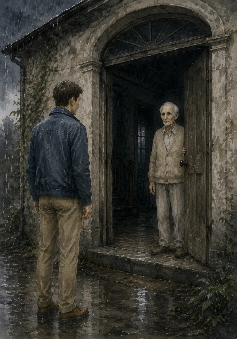 Arrivé devant la vieille demeure, Hugo hésita sur le pas de la porte plongée dans les ténèbres. Le silence était total, seulement brisé par le bruit de la pluie sur le toit. Il poussa la porte qui grinça sinistrement, révélant un intérieur froid et plongé dans l'obscurité.