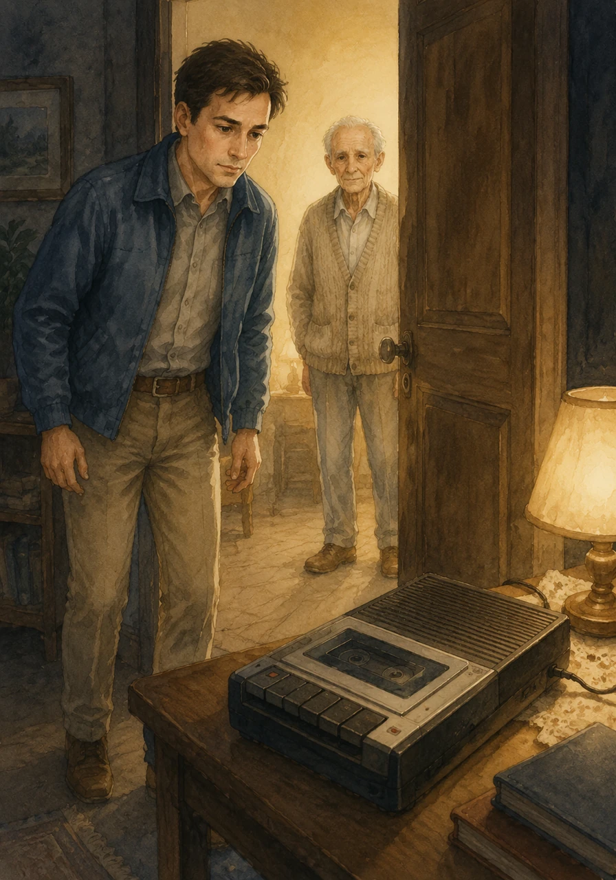 La porte de la chambre était entrouverte et une lumière vacillante s'en échappait. Hugo s'approcha prudemment et découvrit le vieux magnétophone à cassettes de son grand-père posé sur une table, tournant silencieusement.