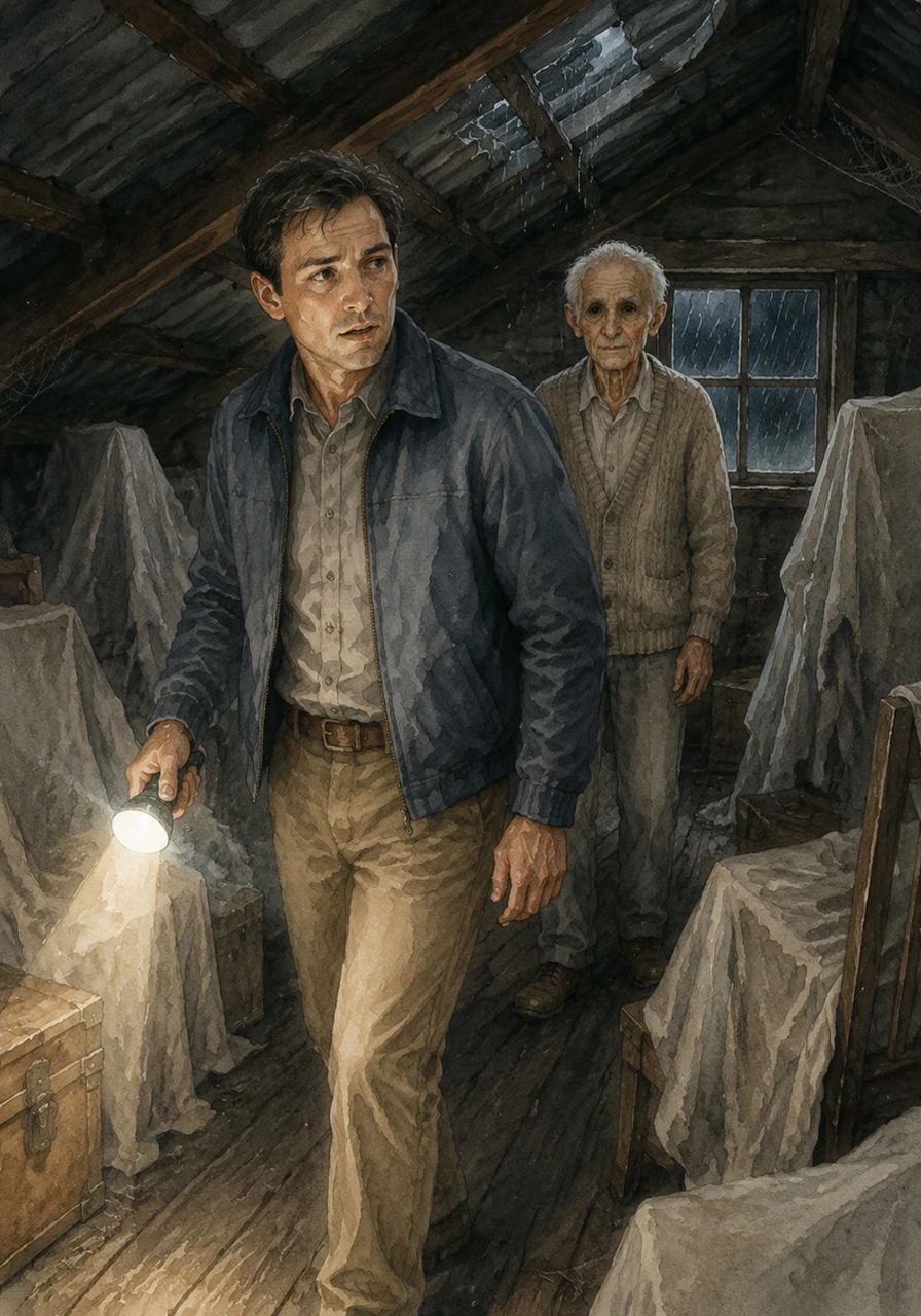 Le grenier était sombre, rempli de meubles anciens recouverts de draps blancs fantomatiques. Hugo avança prudemment, son souffle court, tandis que la pluie martelait le toit métallique au-dessus de lui. Il entendit une respiration lente et profonde juste derrière lui.