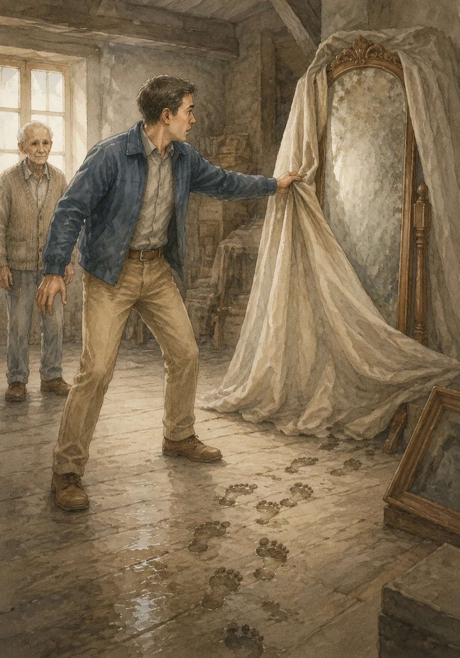 Hugo se retourna brusquement, mais il n'y avait personne. Il remarqua alors des traces de pieds mouillés sur le sol qui menaient vers un grand objet recouvert d'un drap. Il saisit le tissu et tira d'un coup sec, révélant un vieux miroir.