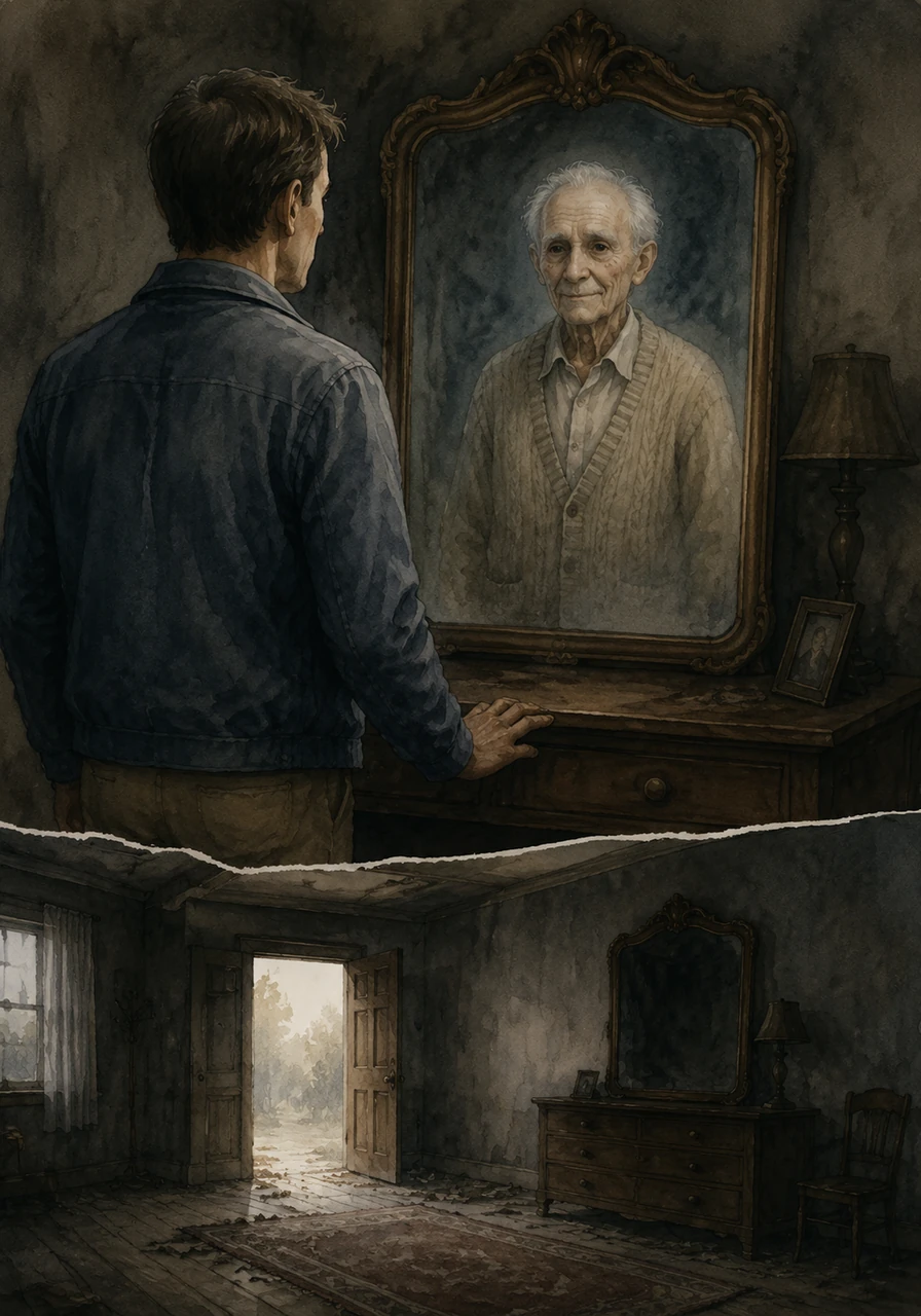 Dans le reflet du miroir, le visage de son grand-père apparut, souriant, alors qu'il n'y avait personne derrière lui. La chose murmura une dernière mise en garde avant que la lumière ne s'éteigne brutalement. Le lendemain, la maison était vide, et Hugo avait disparu à jamais.