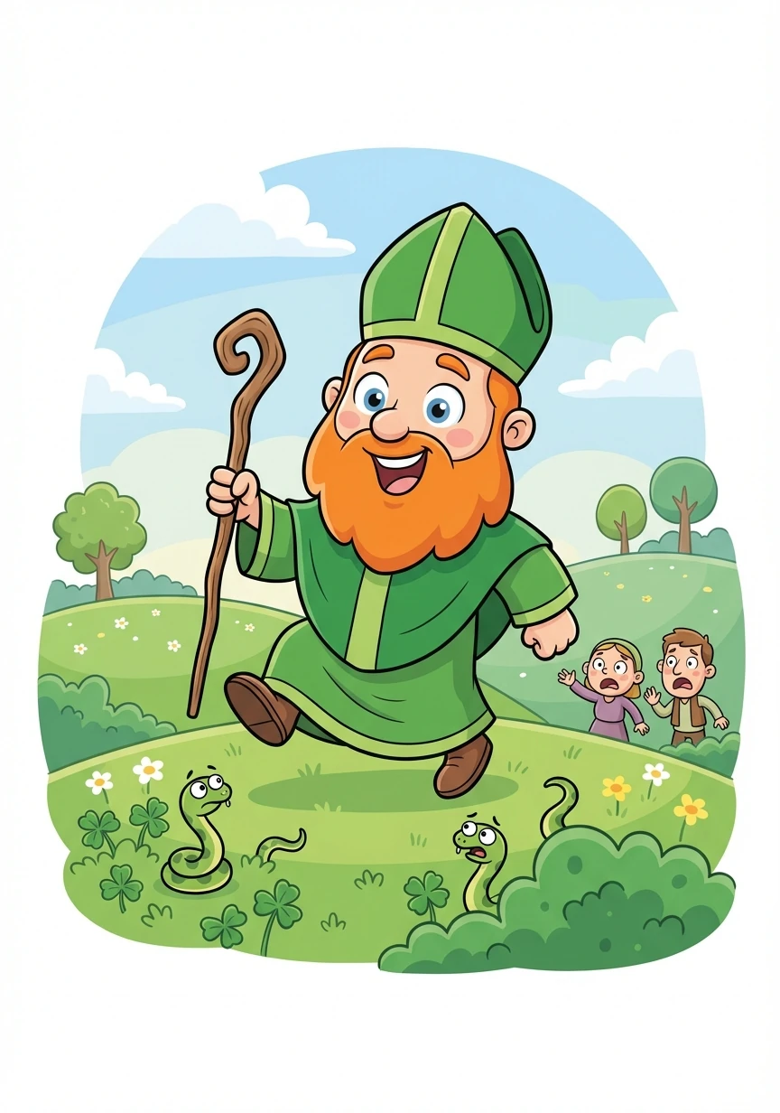 Hace muchísimos años, en la verde Irlanda, San Patricio caminaba con su bastón, siempre sonriendo. La gente vivía con miedo por las serpientes que se escondían por todas partes.