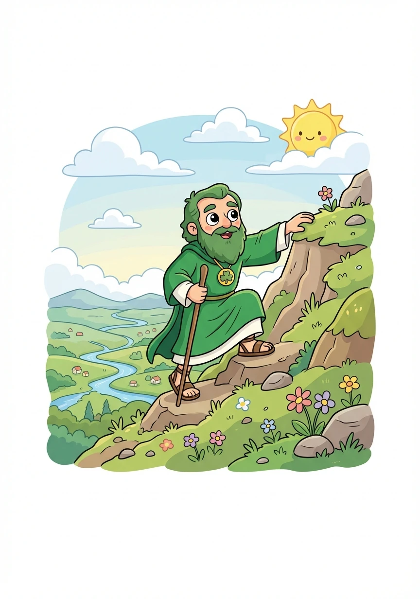 Un día, San Patricio decidió escalar la montaña más alta de Irlanda. Quería encontrar una solución para el problema de las serpientes y traer paz a la isla.