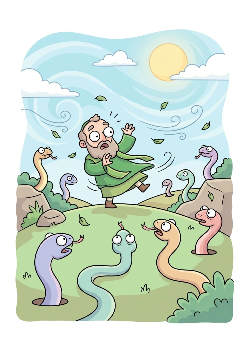 De repente, un viento fuerte comenzó a soplar, y las serpientes empezaron a salir de sus escondites. Asustadas, se movían torpemente hacia San Patricio.