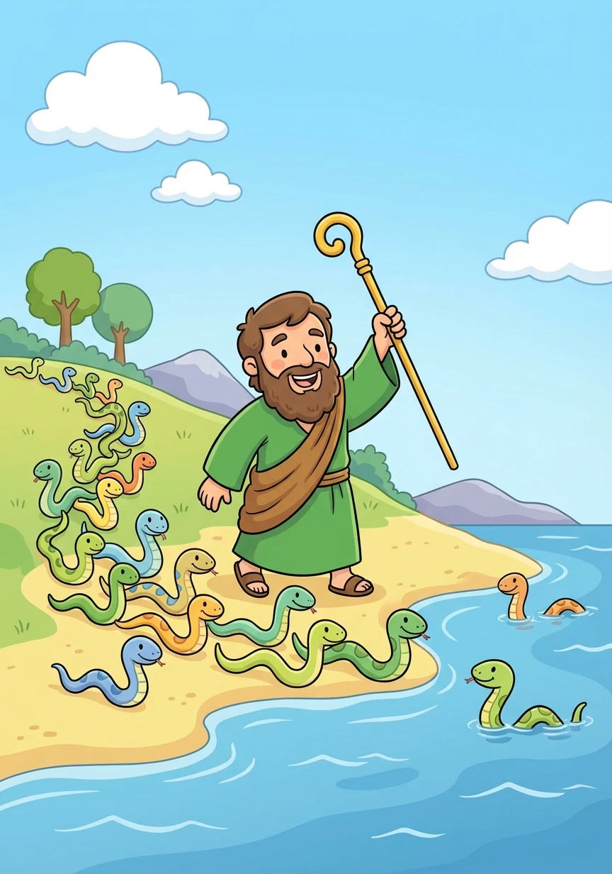 San Patricio, con su bastón en alto, guio a las serpientes hacia el mar. Las serpientes, obedientes, se arrastraron hasta la orilla y se adentraron en el agua.