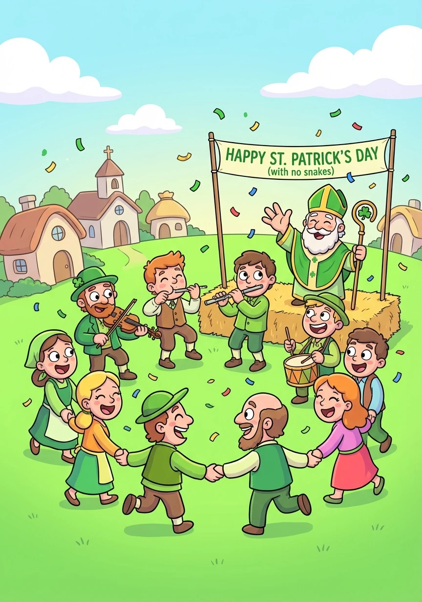 Y así, cada año, el día de San Patricio se celebra con música, bailes y mucha alegría, recordando cómo un hombre bueno liberó a Irlanda de las serpientes.