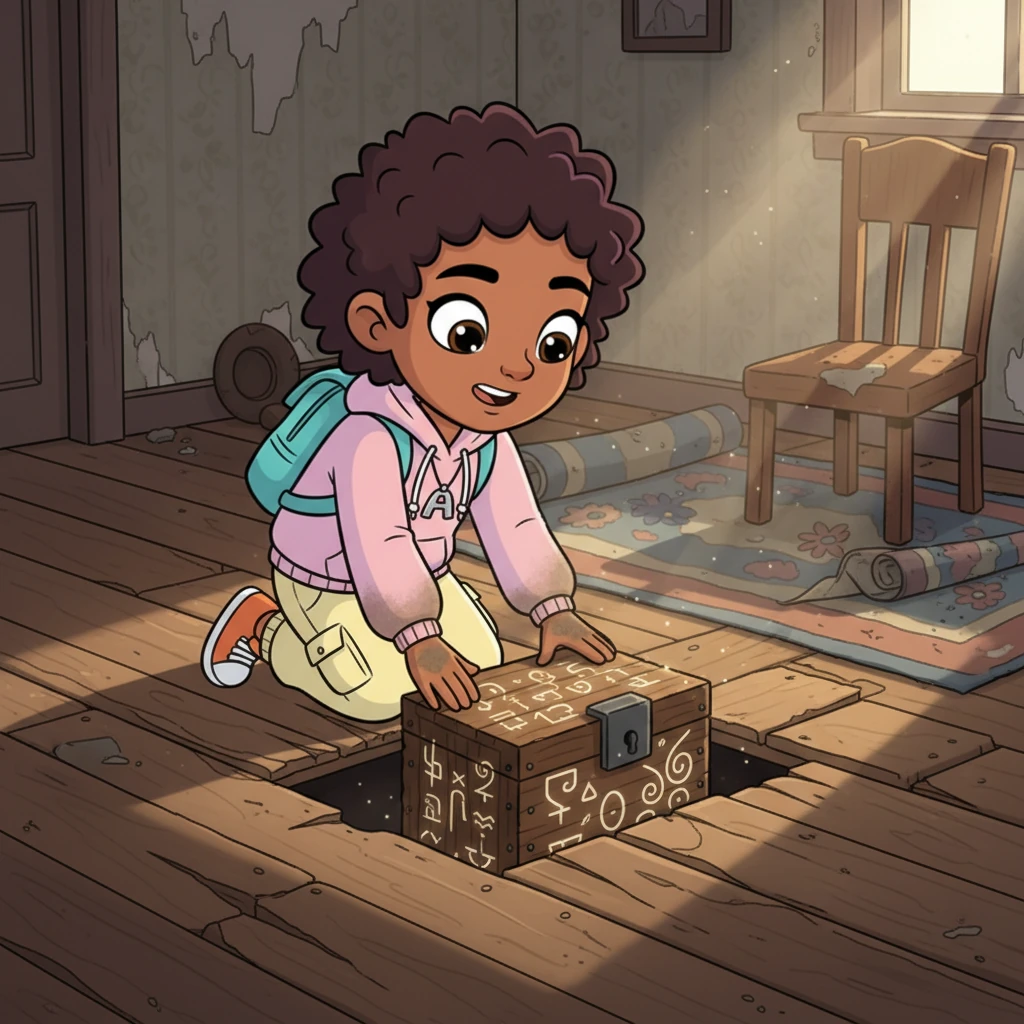 In an old wooden house, Amani discovers a dusty wooden box hidden beneath the floorboards. It has no key, only strange, ancient symbols carved into its surface, hinting at a forgotten past. The air grows heavy with an unspoken secret.