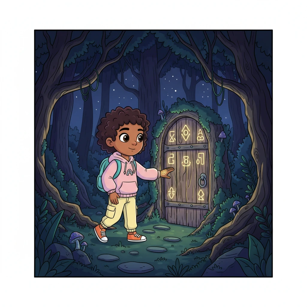 That night, Amani dreams of a hidden, gnarled wooden door deep within a dense, mystical forest. The door is adorned with the exact same glowing symbols that now mark his wrist and the mysterious box. He feels an irresistible pull towards it, a call from the unknown.