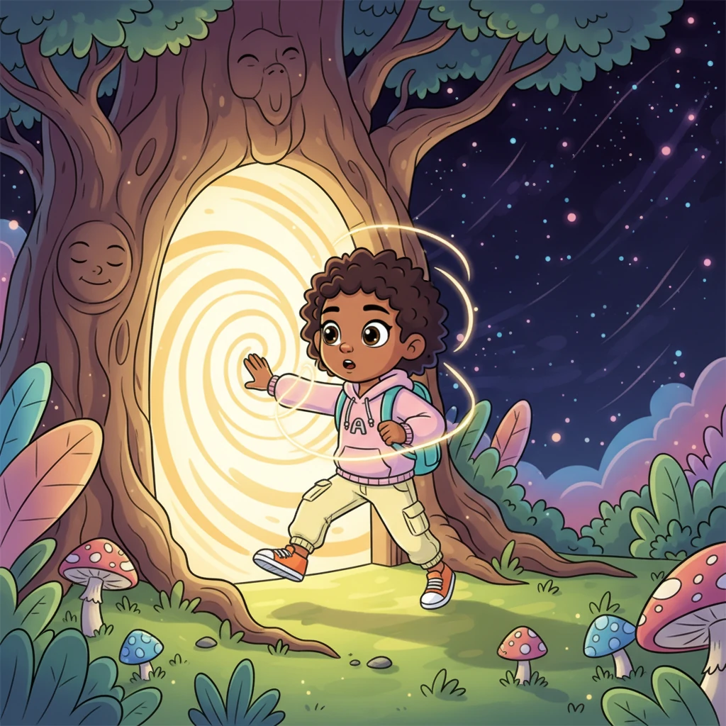 Driven by an unseen force, Amani finds the dream door in the waking forest. As his fingers brush its surface, the world falls completely silent around him, and he steps through into an ethereal void. The threshold hums with forgotten energy, beckoning him deeper.