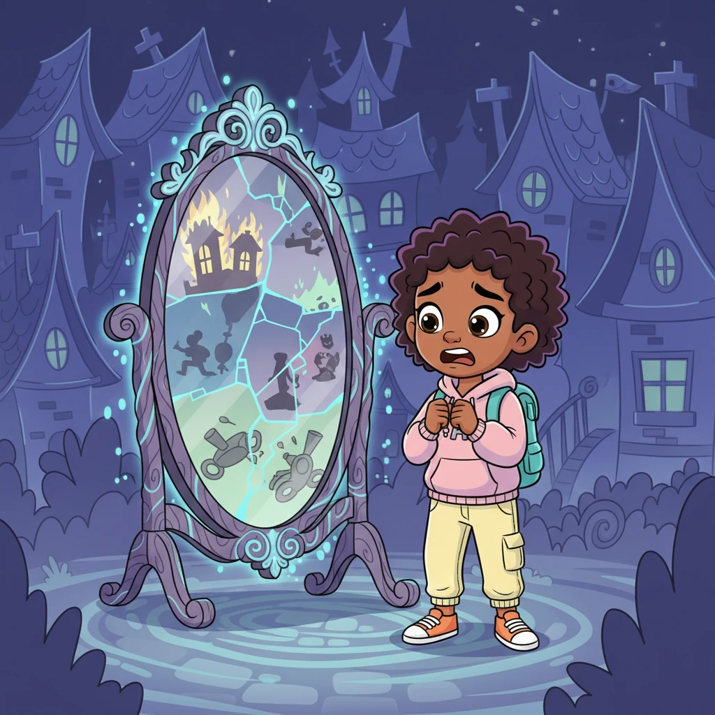 In the heart of the spectral village stands a large, cracked mirror, shimmering with an otherworldly glow. It shows no reflections, but instead projects vivid, unsettling memories of a past long forgotten. Amani gazes into it, feeling a deep sense of dread.