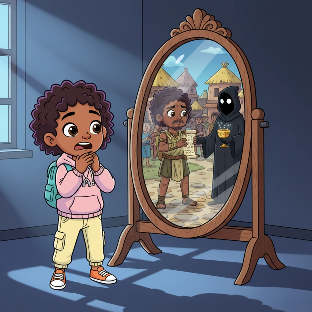 The mirror reveals Amani himself, living in this very village long ago, under a different name. He watches in horror as his past self betrays his people, trading their sacred secrets for a fleeting taste of power. The truth of his ancient guilt unfolds before his eyes.