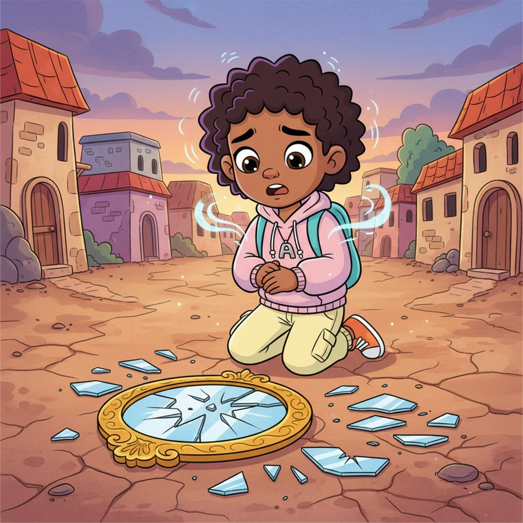 Overwhelmed by the crushing weight of his past actions, Amani kneels before the shattered mirror. He confesses his betrayal out loud, his voice echoing through the silent village, finally accepting the truth of his ancient mistake. The burden of centuries begins to lift.