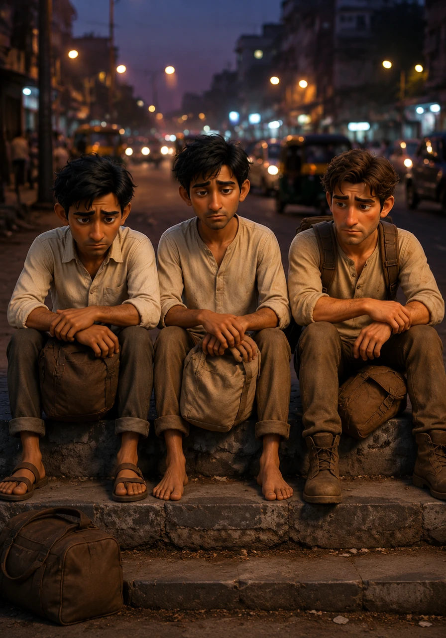Vikram, Sunil, and John sit tiredly on the concrete steps near a bustling Mumbai street, clutching their small travel bags. The city lights blur around them as evening falls, casting long shadows over their exhausted faces after a fruitless day of searching for jobs.