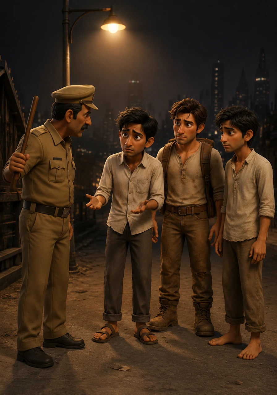 A stern watchman in a khaki uniform approaches the three friends under the dim glow of a streetlamp, waving his baton. After hearing their desperate story, his expression softens with pity, remembering his own early days of struggle in the massive city.