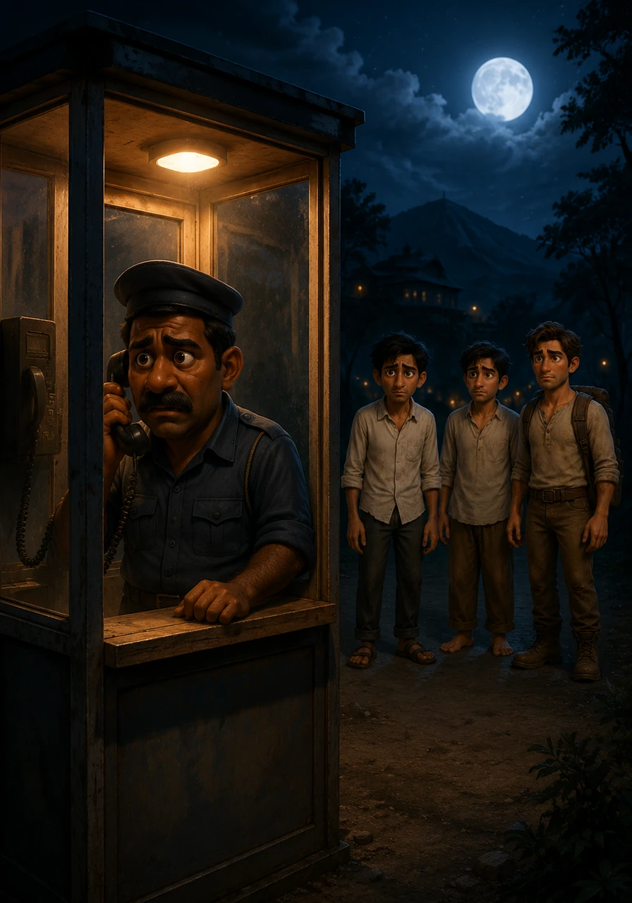 The watchman stands near a glowing telephone booth, calling his friend who works as a caretaker at a wealthy estate. Vikram, Sunil, and John watch anxiously from a distance, hoping for a miracle as the moon rises high in the night sky.