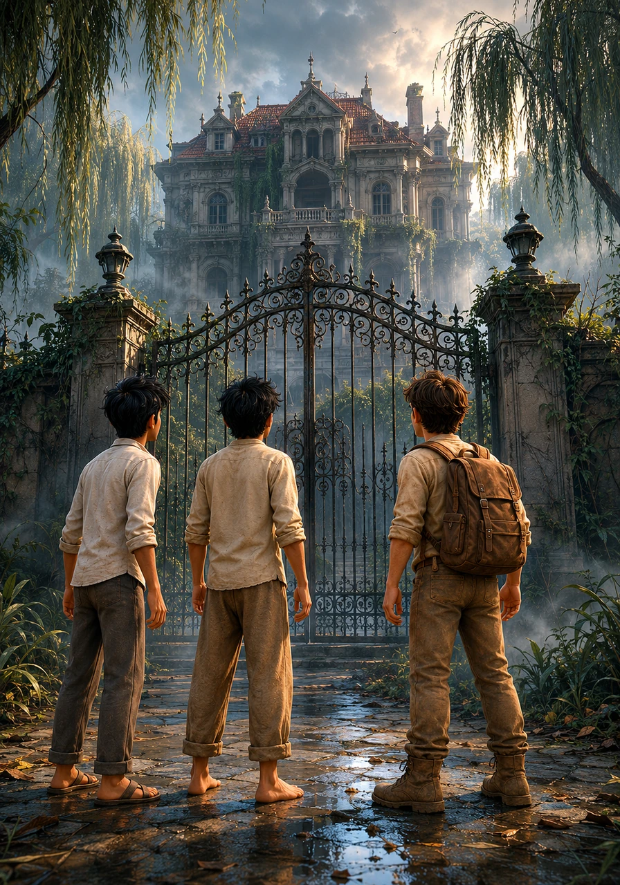 The next morning, the three friends stand awestruck in front of the massive iron gates of Bungalow Number 17. The sprawling mansion is beautiful yet strangely quiet, surrounded by overgrown, weeping willow trees and a mist that refuses to clear.