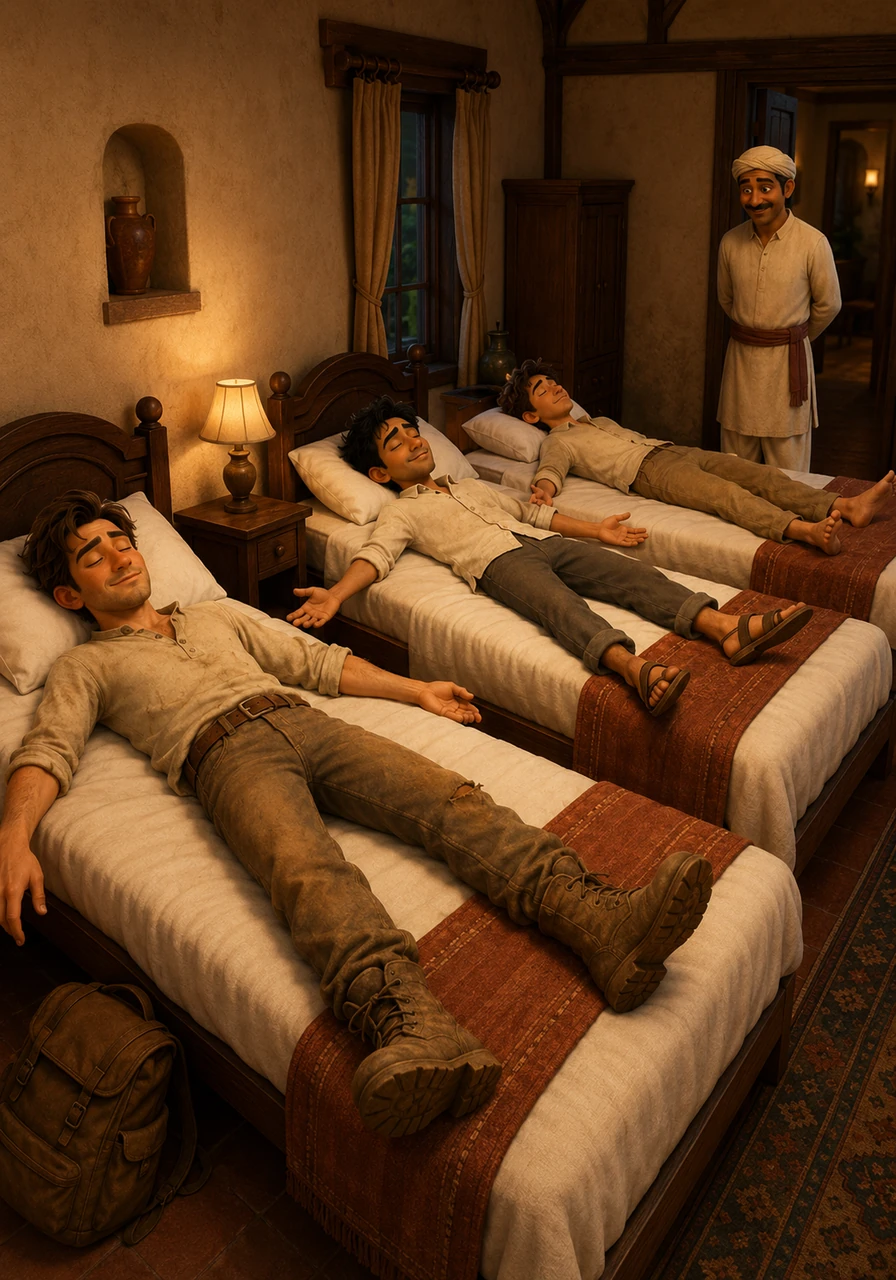 The caretaker leads Vikram, Sunil, and John through the grand, dimly lit corridors into a cozy guest room with three neatly made beds. The friends collapse onto the soft mattresses, letting out a collective sigh of relief after days of endless wandering.