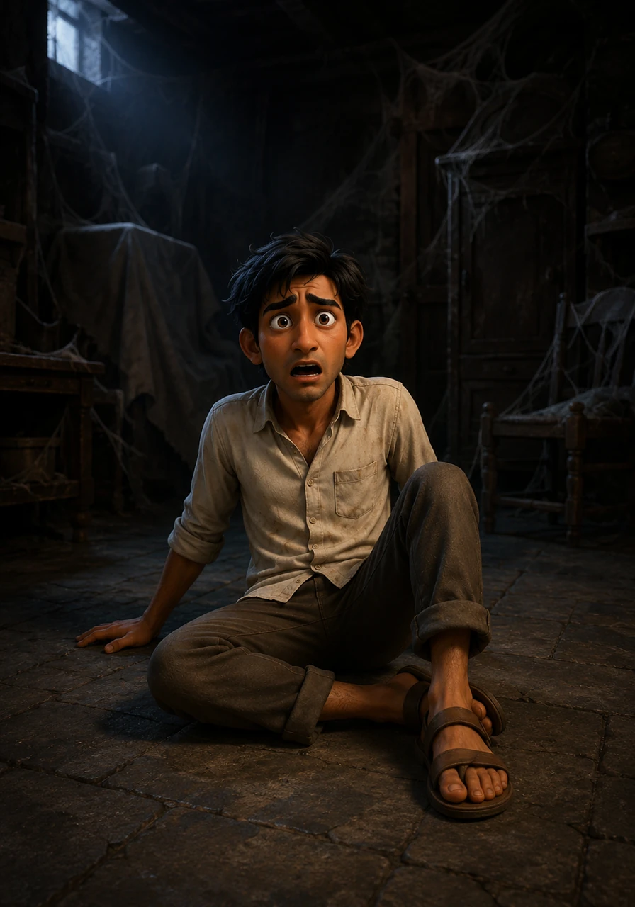 Exactly at midnight, Vikram suddenly wakes up to find himself sitting on the cold stone floor of a dark, dusty basement surrounded by antique furniture and cobwebs. He calls out for Sunil and John, but his voice echoes back into the oppressive silence.