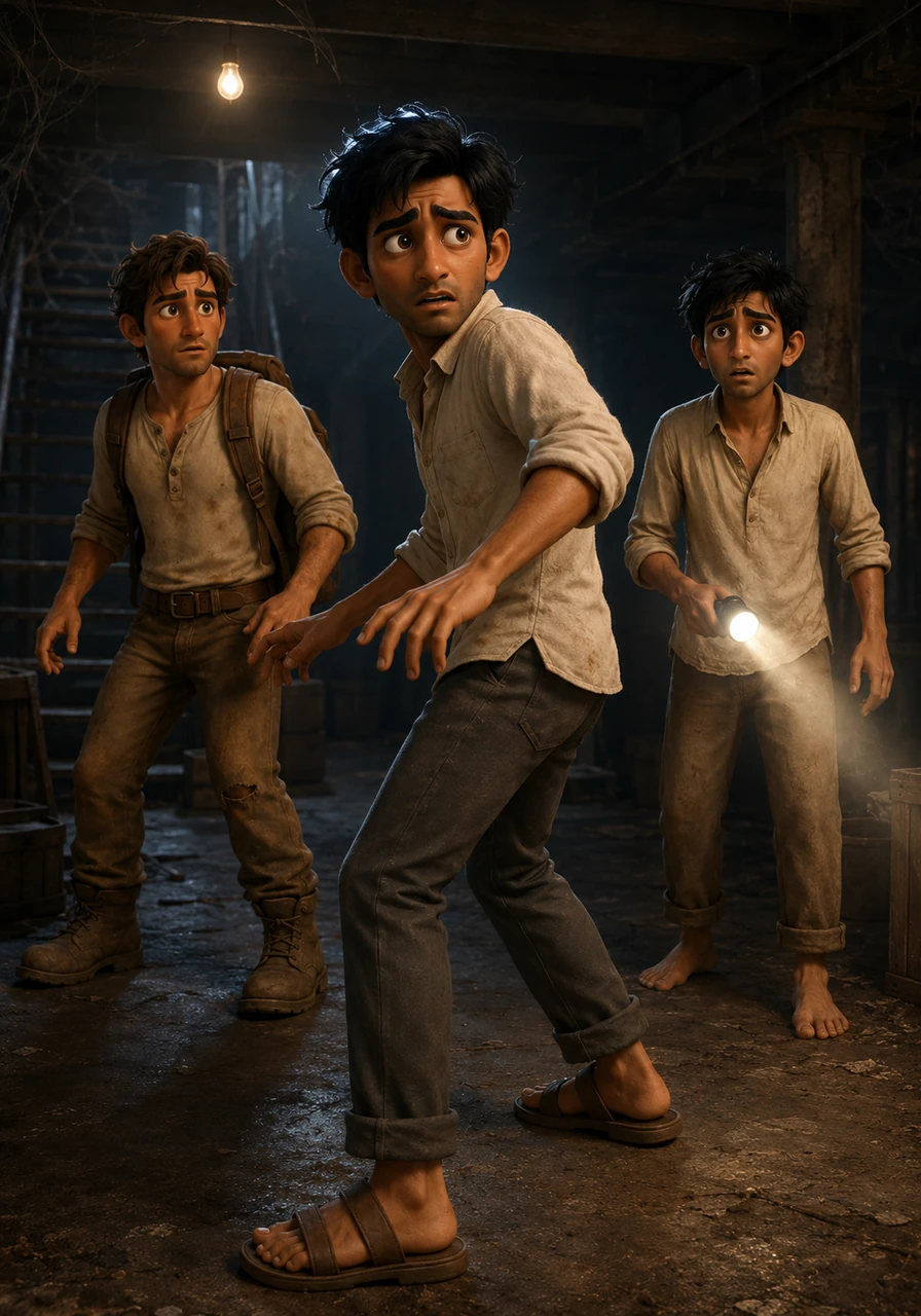 A chilling sound of a woman weeping softly echoes through the dark basement, making the hairs on Vikram's neck stand up. He spins around, frantically searching the shadows, but before he can see anyone, a sudden flash of light pulls him back into reality.