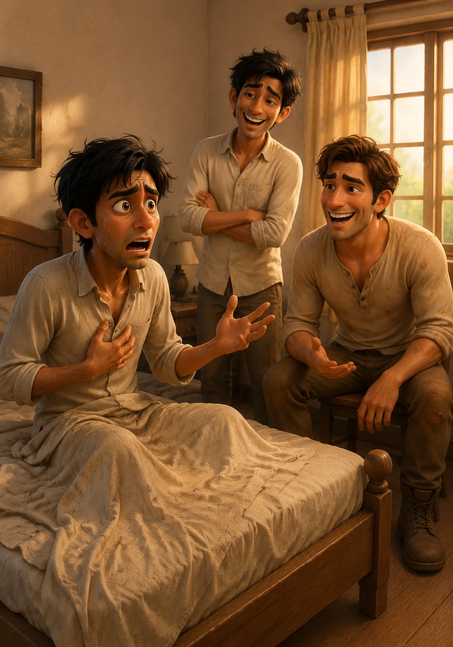 Vikram wakes up drenched in sweat in his own bed, gasping for air as the morning sun filters through the guest room window. He frantically tells Sunil and John about the terrifying basement, but his friends just laugh it off, calling it a vivid nightmare.