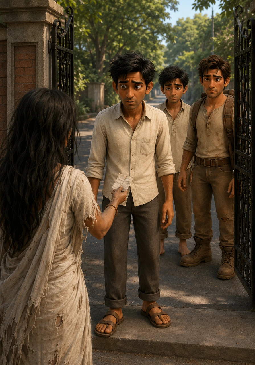 As the three friends step past the iron gates of the bungalow to start another day of job hunting, a mysterious woman in a tattered white saree blocks their path. Her eyes are filled with an intense urgency as she holds out a crumpled piece of paper toward Vikram.