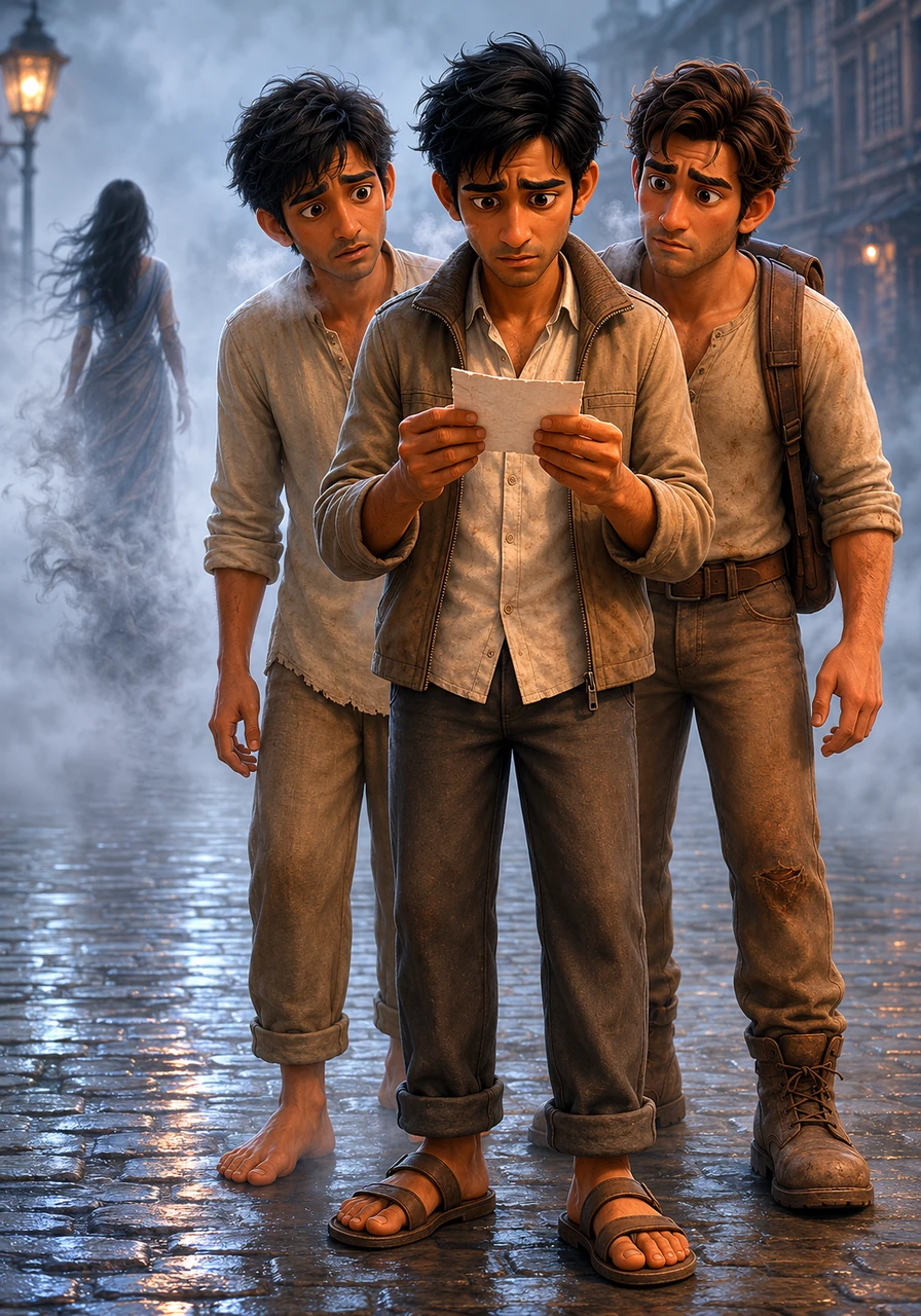The mysterious woman vanishes into the morning fog as quickly as she appeared, leaving Vikram staring at the note in his hand. The paper reveals a strange address and a promise of employment, plunging the three friends into a deep mystery they cannot ignore.