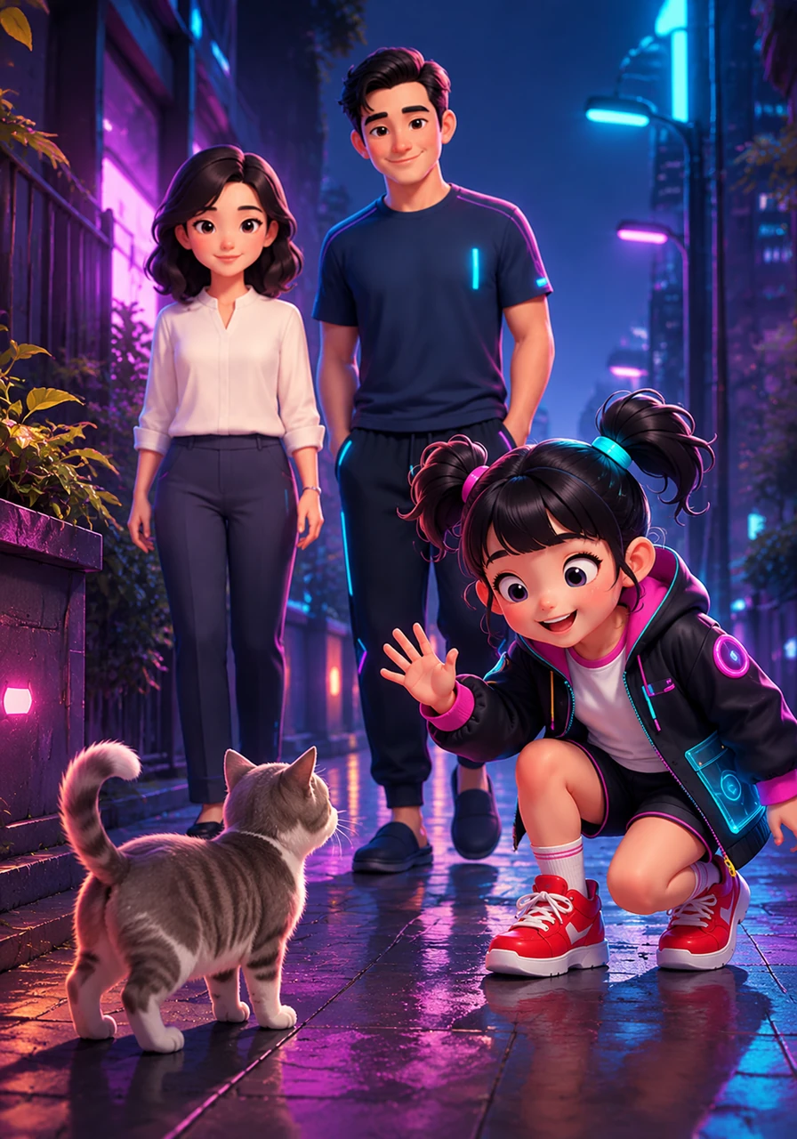 在去公园的路上，莉莉遇到了邻居家的小猫。她停下脚步，挥动小手亲切地打招呼：“Hello, little cat!” 小猫也友好地摇了摇尾巴，仿佛听懂了她的问候。
