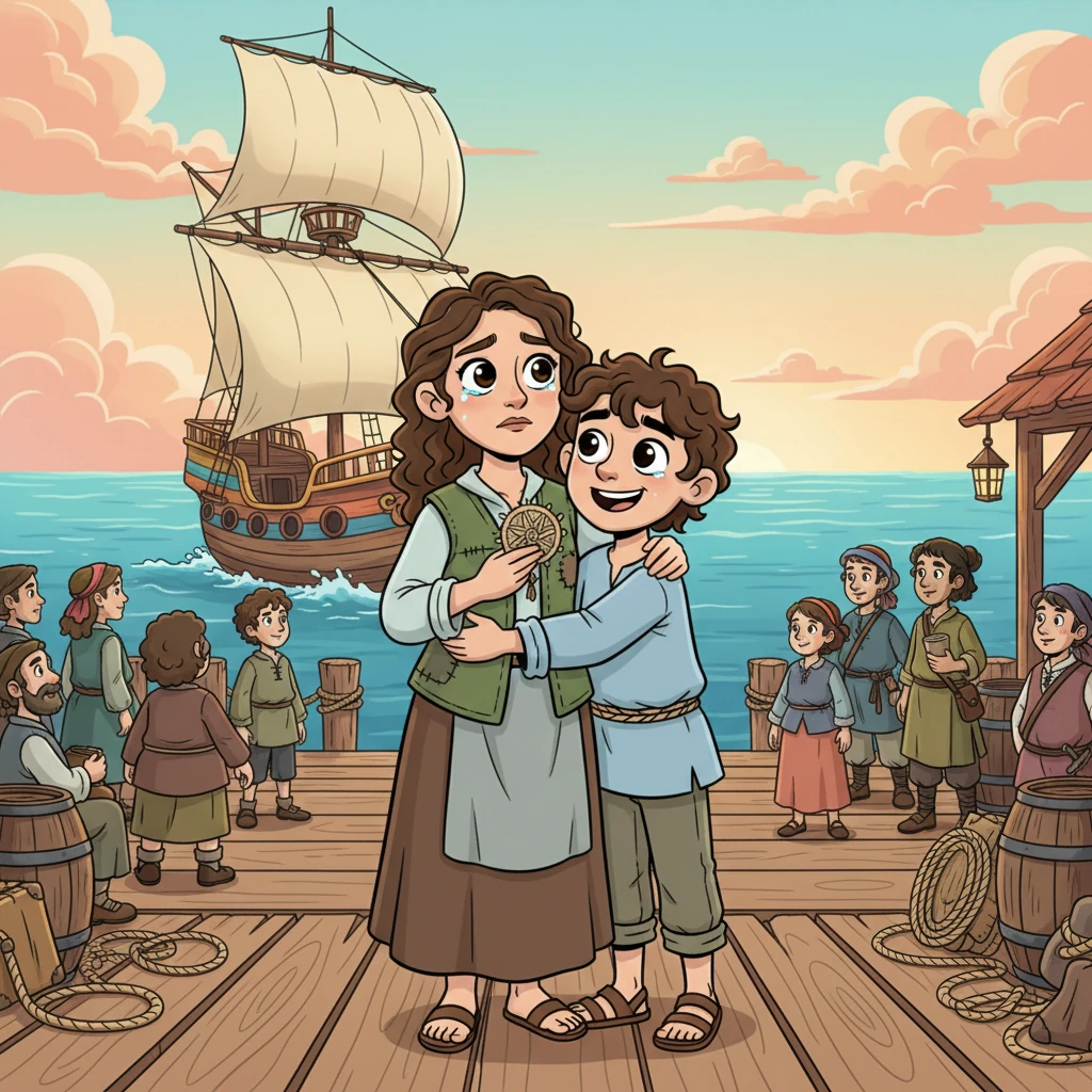 With a hopeful glint in his eye, Elian embraced his mother tightly on the bustling village pier. He swore he would return, wealthy and grand, to give her the life she deserved, a promise that resonated with the sound of the ocean waves. Mora, tears welling, clutched a small, handmade charm, her heart filled with a mixture of pride and sorrow.