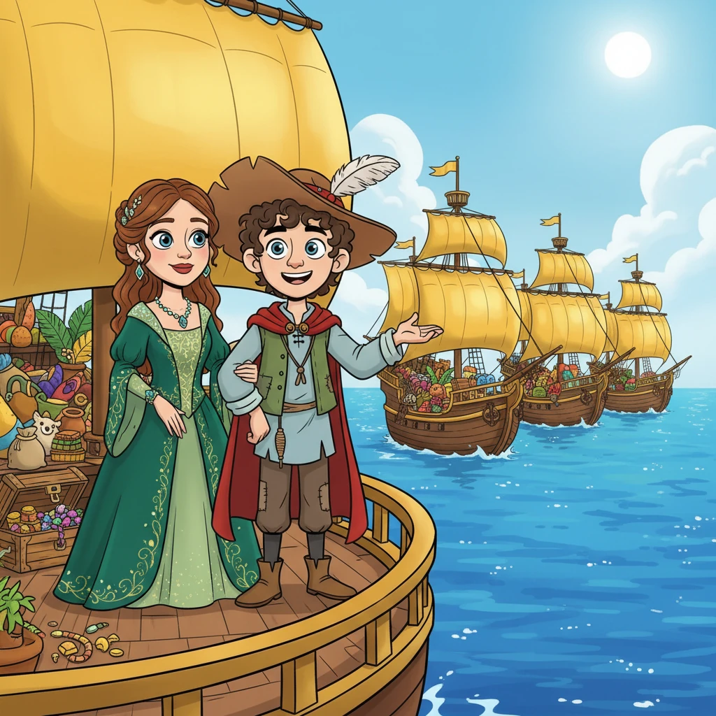 Far across the sparkling seas, Elian's ambition had blossomed into immense success, transforming him into a legendary merchant. He commanded a magnificent fleet of golden-sailed ships, each one laden with exotic treasures from distant lands. His elegant noblewoman wife, adorned in shimmering jewels, stood proudly by his side, a symbol of his elevated status.