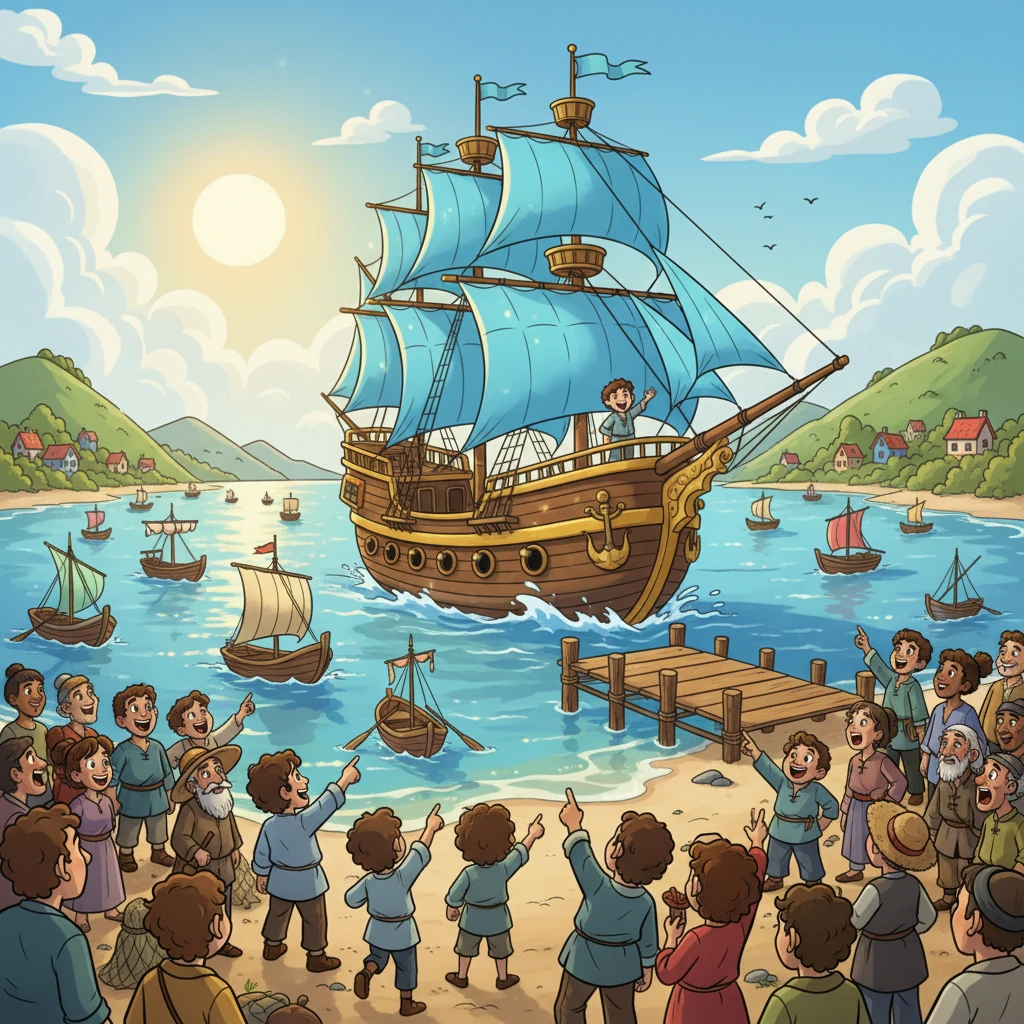 One glorious morning, Elian's grand flagship, adorned with shimmering gold, sailed majestically towards a familiar coastline. The villagers gathered, awestruck by the magnificent vessel that dwarfed their humble fishing boats. A sense of anticipation filled the air as the ship gracefully approached the very pier Elian had departed from so long ago.