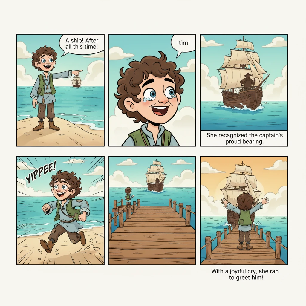 From her usual spot on the shore, Mora's heart leaped when she saw the grand ship, a flicker of recognition sparking in her aged eyes. She recognized the proud bearing of the captain on deck, a silhouette she had etched into her memory. With a burst of renewed energy, she ran towards the pier, her tattered clothes flapping in the sea breeze, a joyful cry escaping her lips.