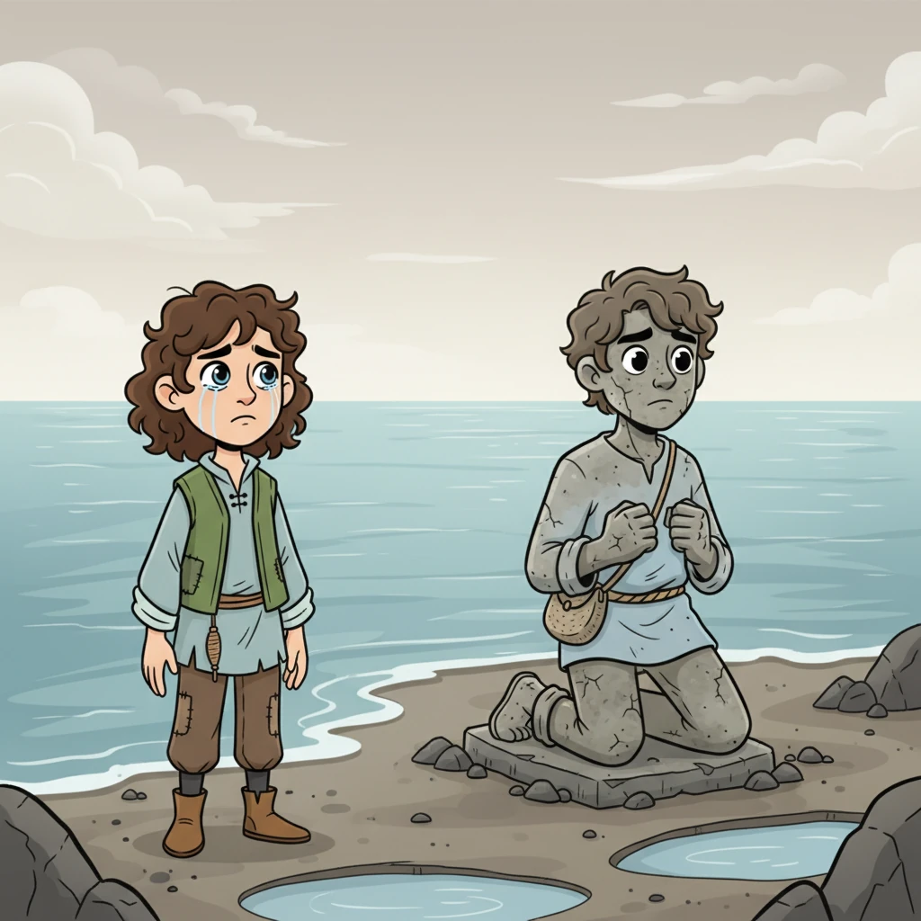 In a horrifying final moment, Elian was completely transformed, a kneeling stone statue forever etched with a look of eternal regret. The storm subsided as quickly as it began, leaving the stone Elian facing the endless sea, a silent, stark reminder of his cruel denial. Mora watched from the quiet shore, her sorrow a deep, unending ocean.