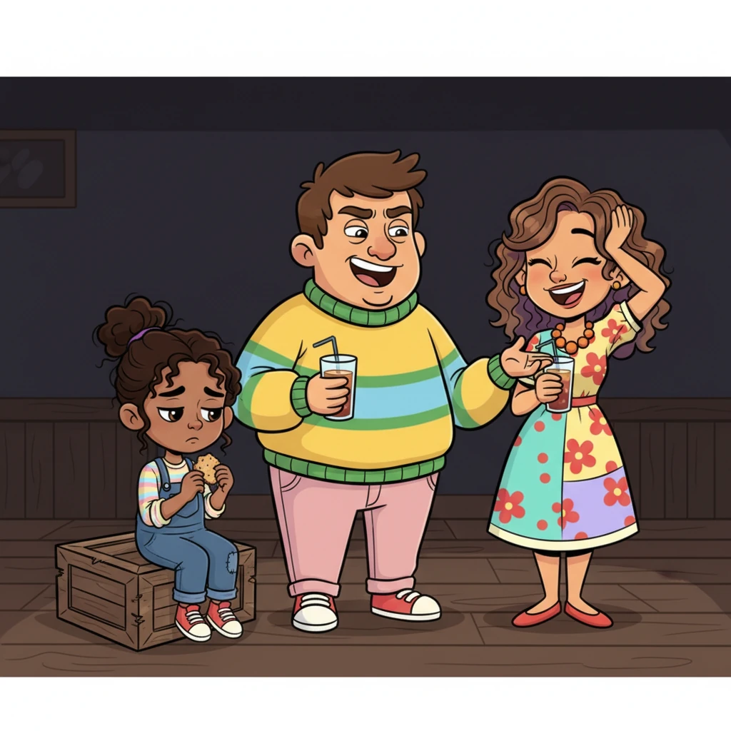 Jo sat on an overturned crate, slowly eating a dry cracker, while Helen and Peter laughed loudly over their drinks in the dim light. Peter gestured dismissively towards Jo, his voice a harsh rumble. "Still moping, kid?" he sneered, and Helen merely chuckled, not bothering to intervene.