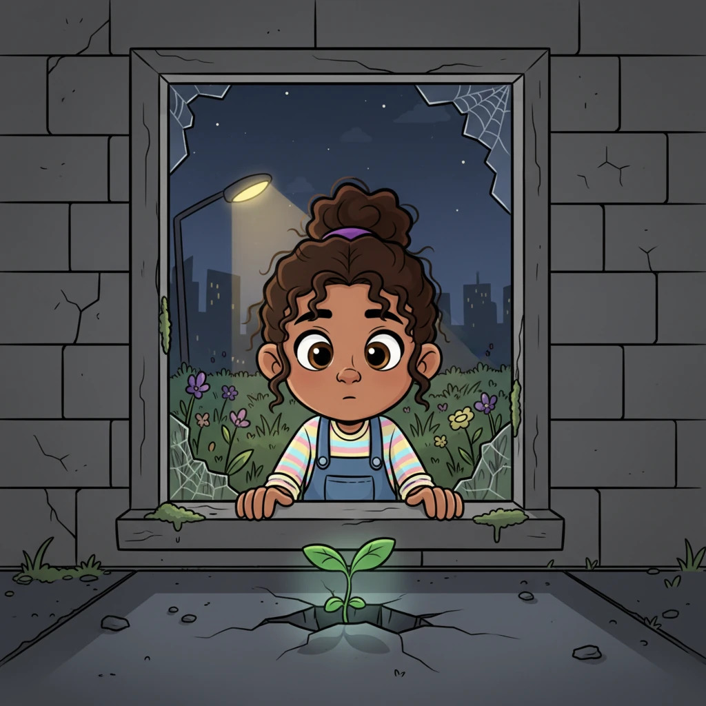 Seeking refuge, Jo found a small, broken window overlooking a patch of overgrown weeds and a distant, glittering streetlight. She pressed her face against the cool, dusty pane, imagining a world beyond the cracked walls. A tiny, defiant sprout pushed through a crack in the pavement below, catching her eye.