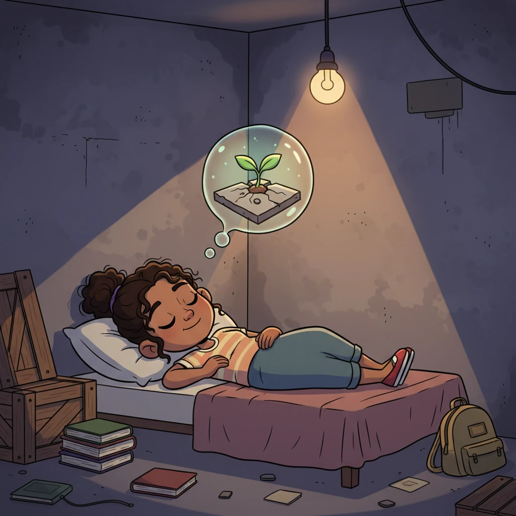 As the night deepened, Jo lay on a makeshift bed, staring at the lone, flickering bulb. She closed her eyes, picturing the tiny sprout she had seen earlier, pushing through concrete. A quiet determination began to bloom within her, a small, resilient spark of hope for something more.