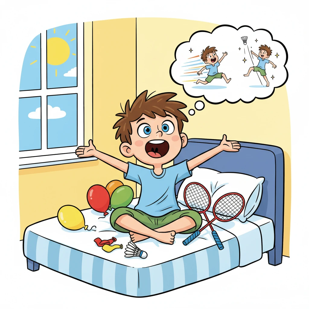 Léo, un petit garçon aux cheveux ébouriffés, est assis sur son lit, bâillant mais avec un grand sourire. Autour de lui, des ballons et des raquettes sont posés, comme s'ils attendaient d'être utilisés. Il imagine déjà courir très vite et sauter très haut.