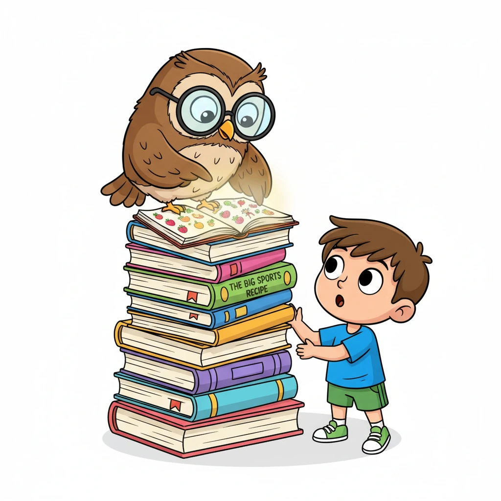 Un hibou espiègle aux grandes lunettes est perché sur une pile de livres colorés. Il pointe une page du bec, montrant un livre ouvert qui brille, intitulé 'La Grande Recette du Sport'. Léo le regarde, les yeux ronds de surprise et d'excitation.