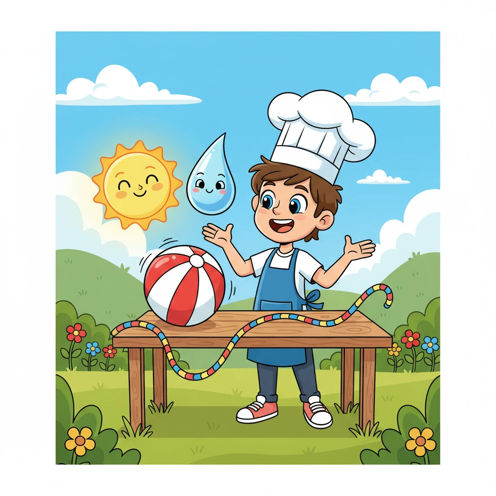 Léo porte une toque de chef rigolote et un tablier. Il se tient devant une table de cuisine imaginaire, en pleine nature. Devant lui, des 'ingrédients' géants et rigolos l'attendent : un grand soleil souriant, une goutte d'eau pétillante, un ballon rebondissant et une longue corde ondulante. Il est prêt à cuisiner du plaisir !