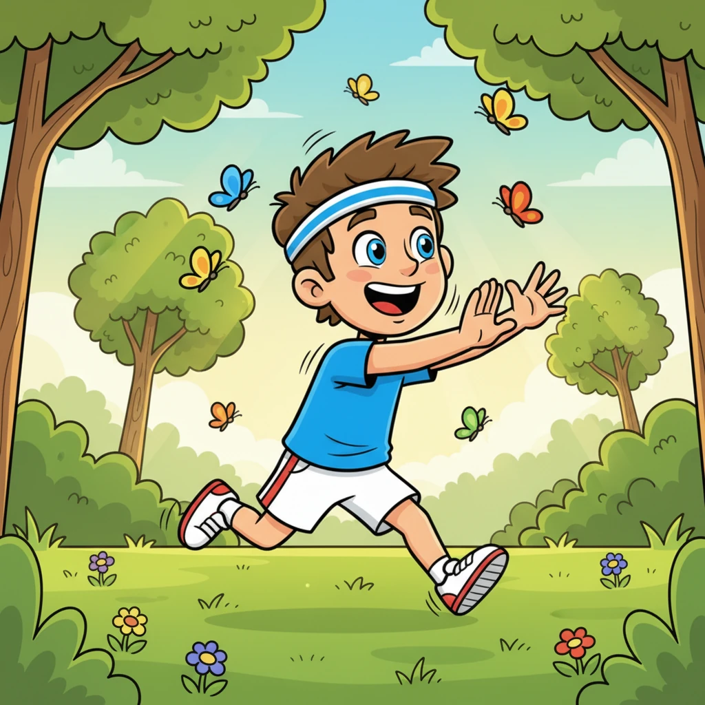 Léo court à toute vitesse dans un parc ensoleillé, ses bras et ses jambes agités comme des moulins. Il attrape des rayons de soleil imaginaires avec un grand rire. Des papillons colorés volent joyeusement autour de lui, ajoutant à l'ambiance joyeuse.