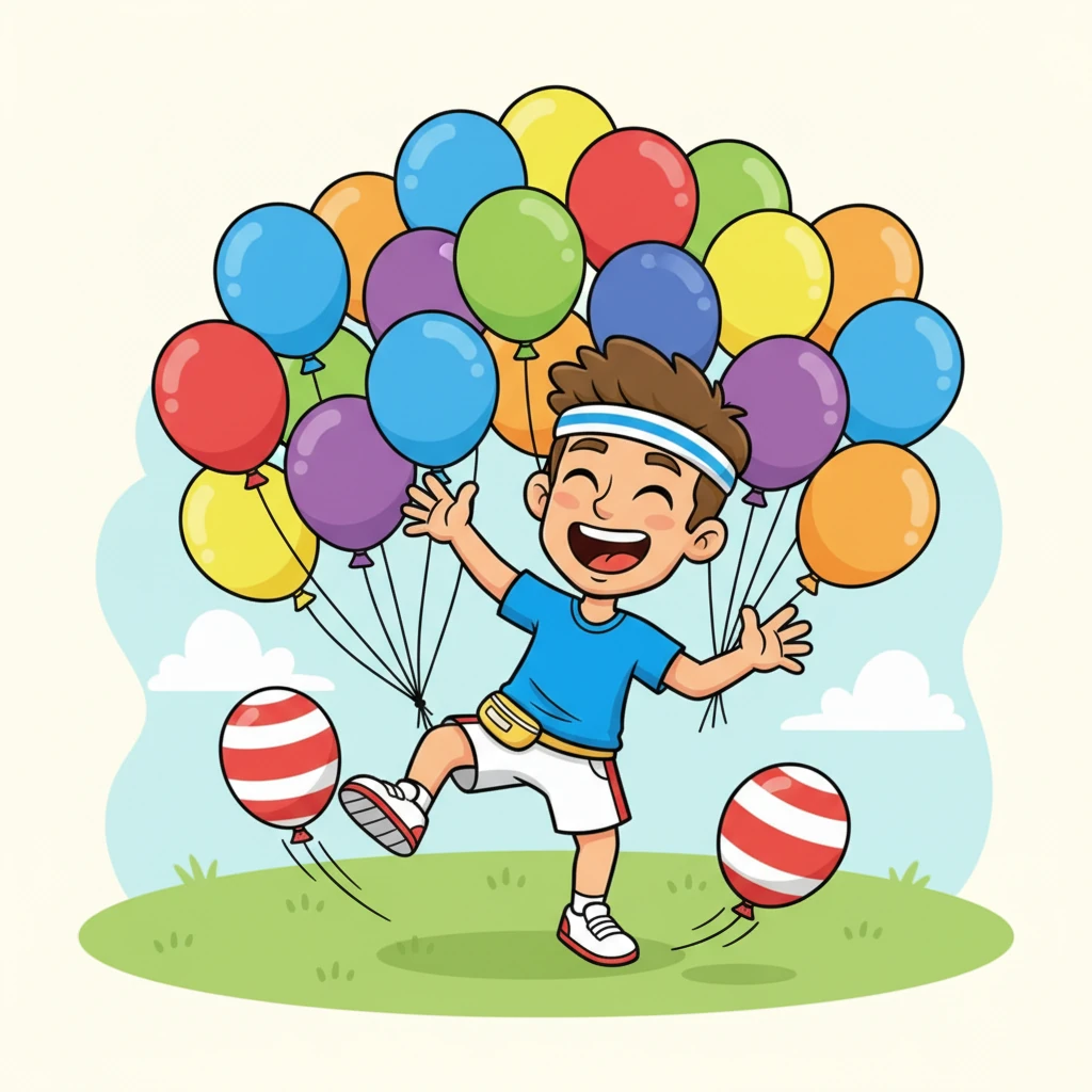 Léo est entouré d'une nuée de ballons de toutes les couleurs et de toutes les tailles. Il en jongle avec un, en fait rebondir un autre avec son pied, et rit aux éclats alors qu'ils dansent autour de lui. Ses mouvements sont dynamiques et pleins d'énergie.