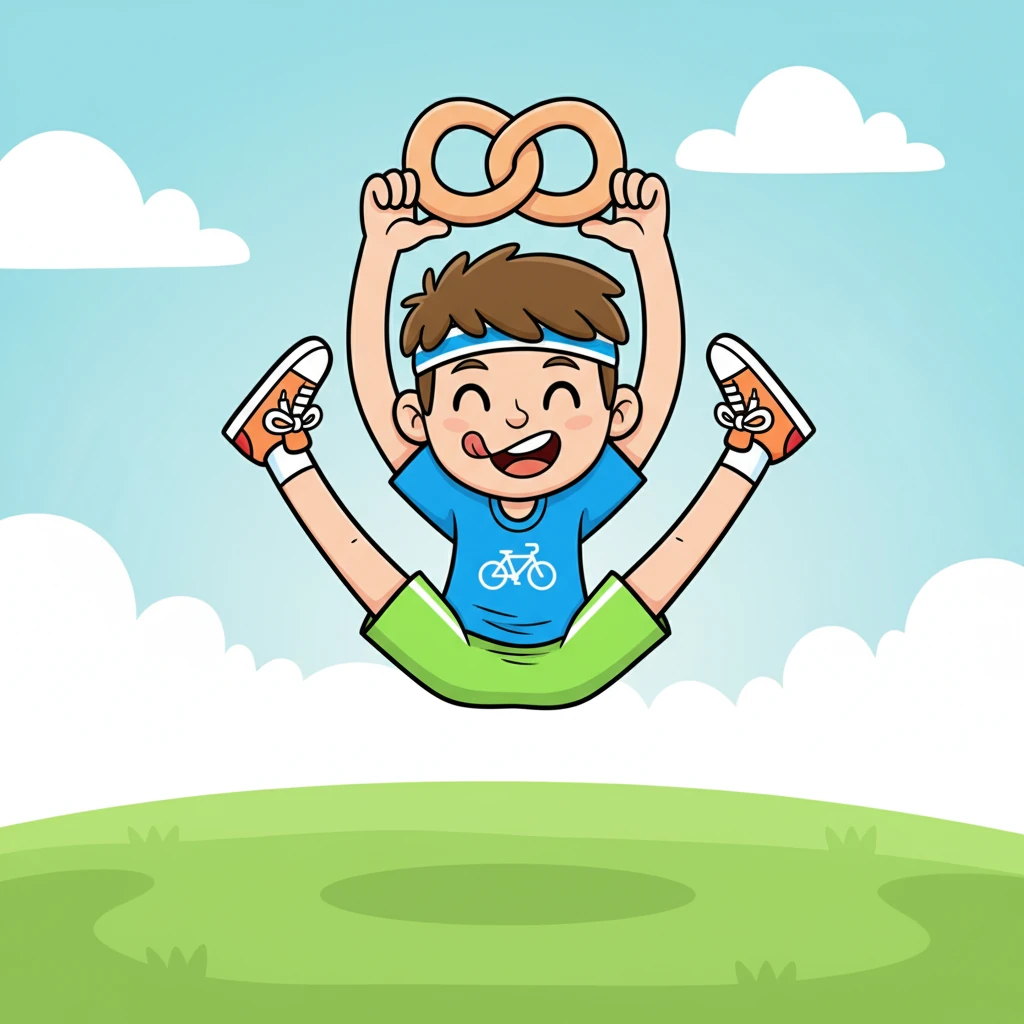 Léo s'étire de façon très drôle, ses bras tordus comme des bretzels et ses jambes tendues vers le ciel. Il ressemble à un petit arbre qui danse et se tord. Son visage est concentré, mais un grand sourire y est dessiné, montrant son pur délice.