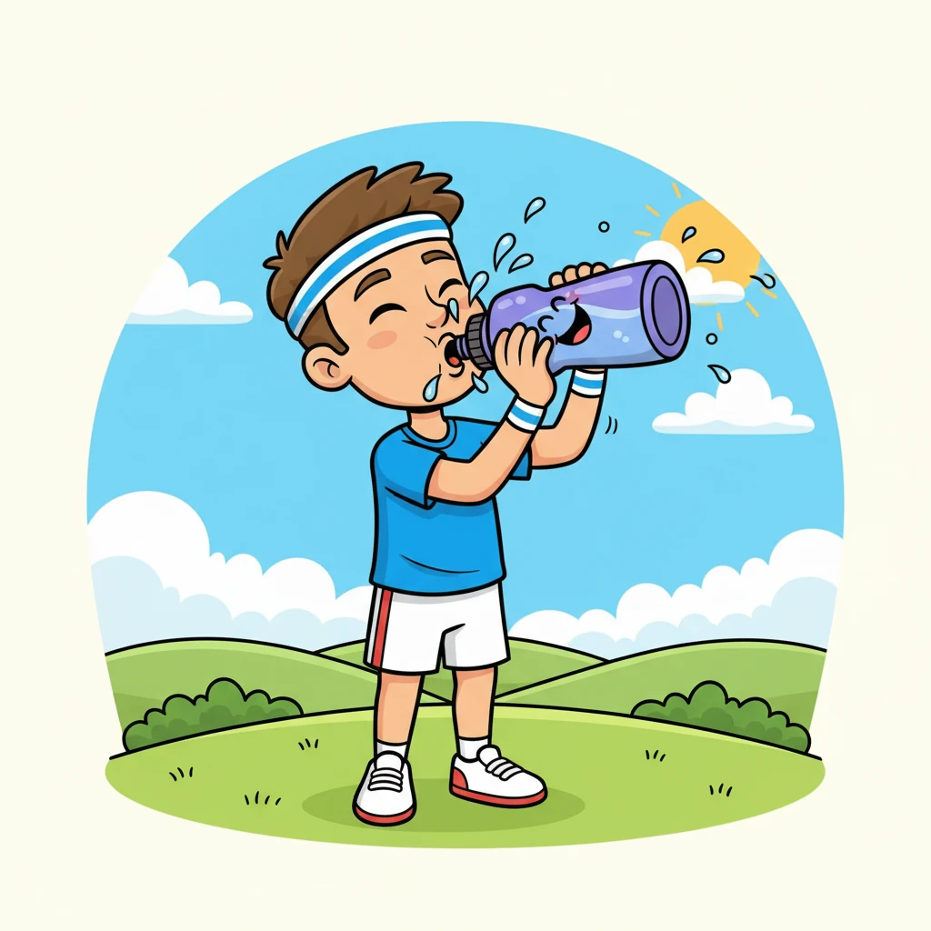 Léo boit une grande gorgée d'eau fraîche dans une bouteille géante et joyeuse. Des gouttelettes d'eau pétillent autour de sa bouche. Il a l'air super rafraîchi et prêt pour de nouvelles aventures, avec un soupir de satisfaction.