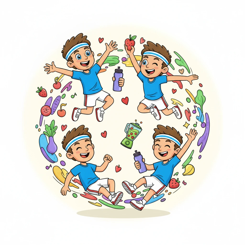 Léo est dans un tourbillon d'activités, mélangeant tous ses 'ingrédients'. Il saute, court, s'étire et rit en même temps, créant un mélange coloré de mouvement et de joie. C'est une explosion d'énergie et de bonne humeur.