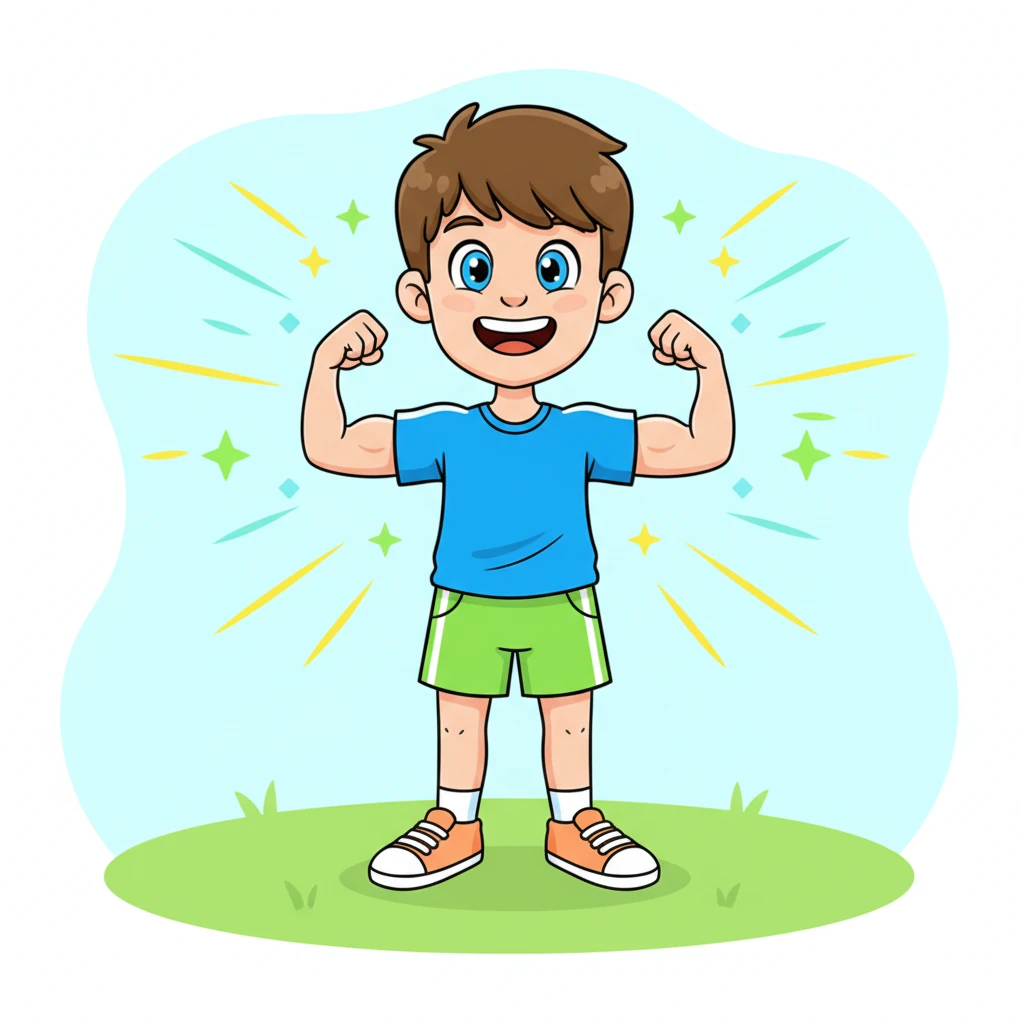 La 'Recette Sportive' est terminée ! Léo se tient droit et fier, rayonnant d'énergie et de confiance. Il montre ses petits muscles avec un sourire triomphant, entouré d'une aura pétillante de santé et de bonheur. Il se sent incroyablement bien !