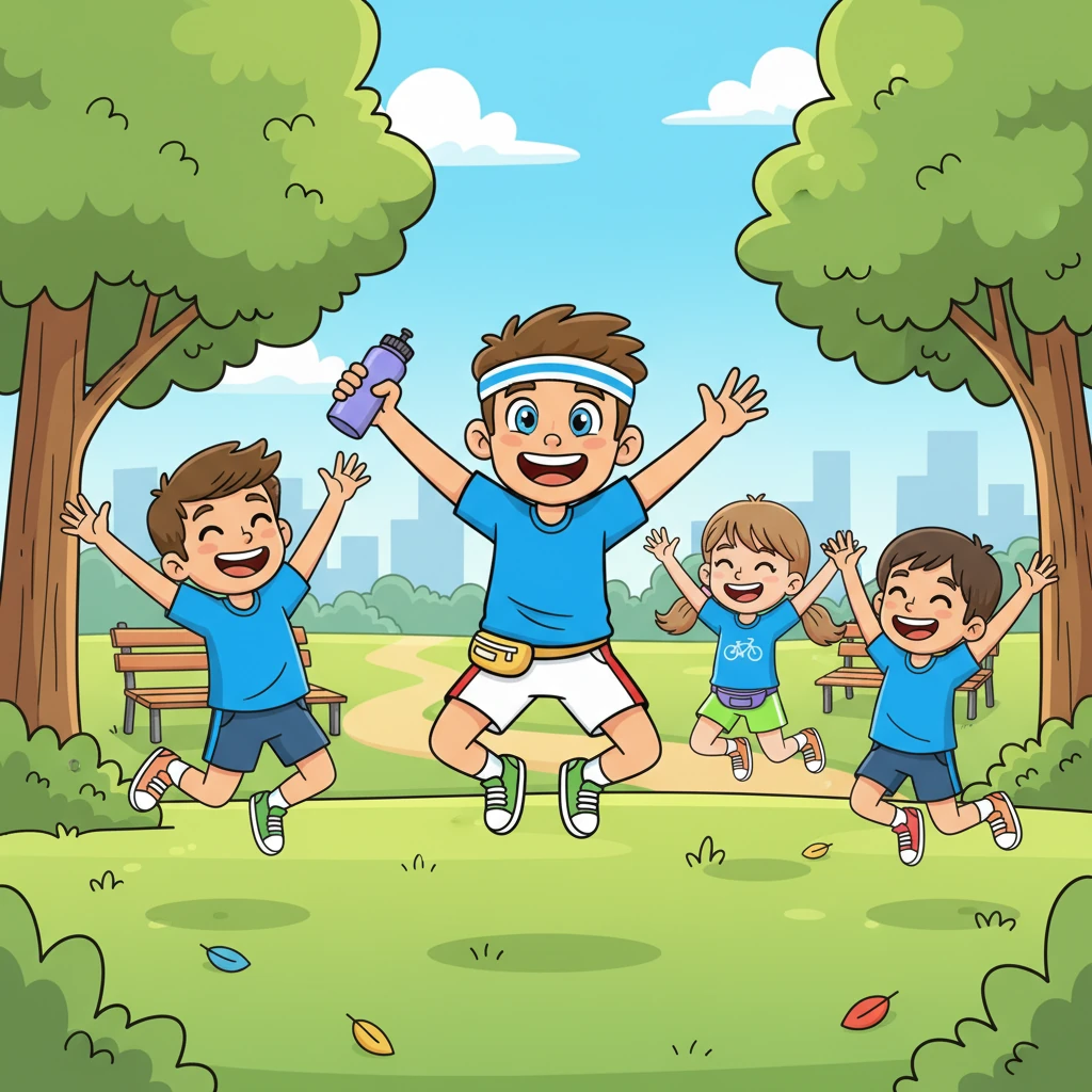 Léo, plein d'entrain, partage sa 'recette' avec ses amis dans un parc ensoleillé. Ils imitent tous ses mouvements joyeux, riant et s'amusant ensemble. La scène déborde d'amitié et de joie partagée, encourageant tout le monde à être actif.