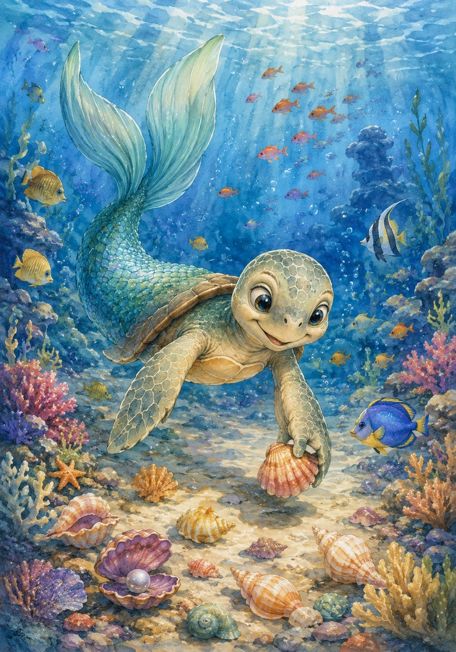 Deep in the sparkling blue ocean, a young mermaid named Mina spent her days swimming alongside schools of vibrant, colorful fish. Her absolute favorite pastime was scouring the sandy ocean floor for the shiniest, most unique seashells she could find.